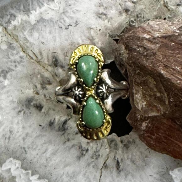 Carolyn Pollack Sterling & Brass 2 Green Turquoise Decorated Ring For Women - Picture 4 of 10